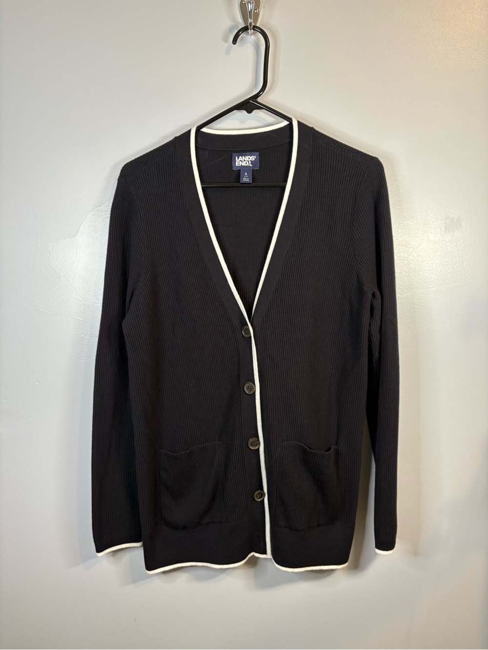 Lands' End Black White Sweater Cardigan Preppy Ribbed Classic Business Small